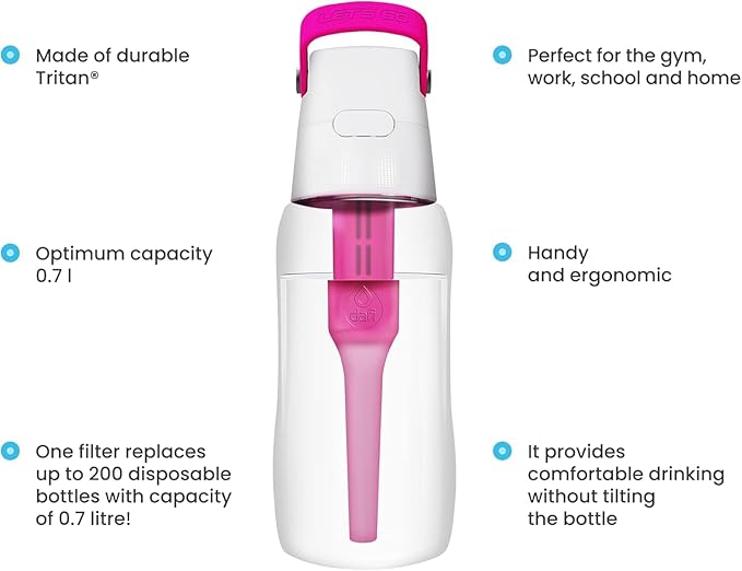 Dafi Filtered Water Bottle with Straw 17 oz - Sports Water Bottle Reusable with Carbon Filter for Gym, Travel, Daily Use - Leakproof, BPA-Free with Hypoallergenic Mouthpiece & Carrying Handle - Pink