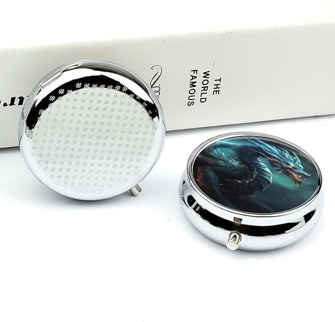 Dragon Pill Box 3 Compartment Small Pill Case Portable Pill Box for Pocket Or Purse Round Metal Pill Box Cute Medicine Organizer Holder to Hold Vitamins Medication