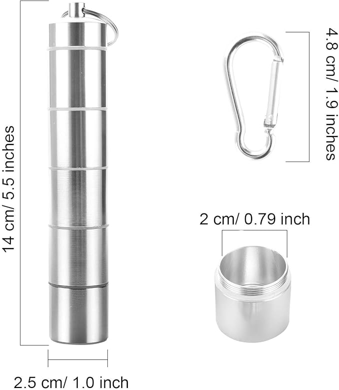 Pocket Pill Case, Portable Pill Box, Messar 5 Compartments Aluminum Alloy Pill Holder Waterproof Medicine Organizer Pill Bottle Pill Container with Keychain & Carabiner for Travel Camping (2 Pcs)