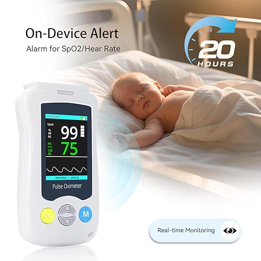 Continuous Pulse Oximeter Fingertip, Medical Grade Accuracy Pulse Oximeters for Baby Fast Reading for SpO2 and Pulse Rate Overnight Monitoring Infant Handheld Blood Oxygen Saturation Monitor for Adults and Kids