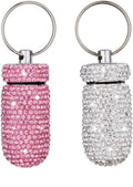 2 Pack Bling Crystal Rhinestones Waterproof Pocket Keychain Pill Holder，Portable Mini Aluminium Alloy Pill Organizer Case Container to Hold Vitamins for Outdoor Camping Travel（Silver,Pink）