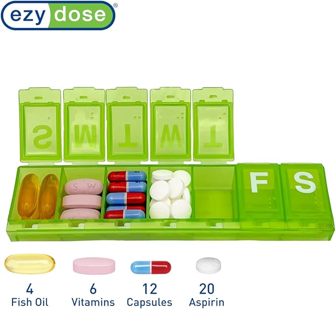 EZY DOSE Weekly (7-Day) Pill Planner, Medicine Case, Vitamin Organizer Box, Large Locking Compartments to Secure Prescription Medication and Prevent Accidental Spilling, Green (Pack of 3)