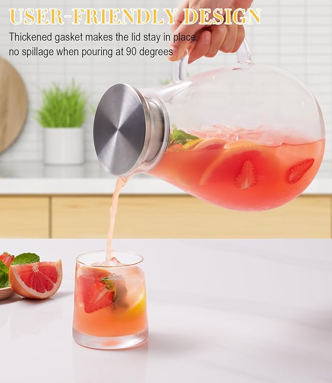 Glass Pitcher, 86oz Glass Water Pitcher with Lid and Handle, Large Borosilicate Hot/Cold Water Jug for Iced Tea, Sangria and Juice Beverage