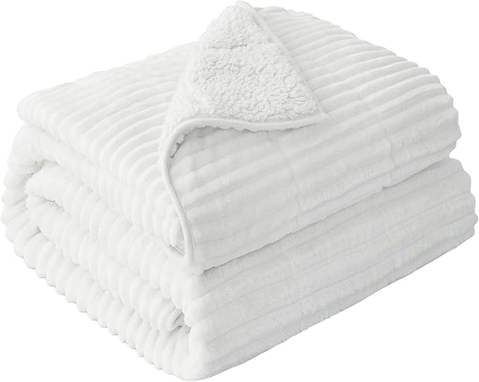Sherpa Fleece Adult Weighted Blanket with Ribbed Stripes, 15 Pounds Dual Sided Soft Plush Blanket for Couch Bed Sofa, Heavy Thick Blankets with Ceramic Beads Great for Sleep, White, 48" x 72"