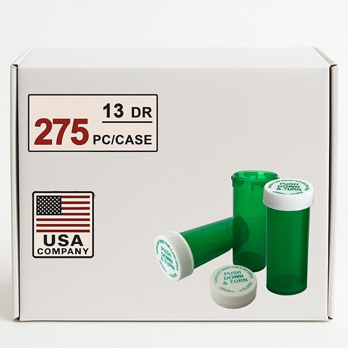 13 Dram Push Down and Turn Vials Green Medicine Vials for Pharmacy 275 Pcs Empty Pill Bottles, Mini Pill Organizer Containers Child-Resistant Small Travel Pill Dispenser for Bulk Use