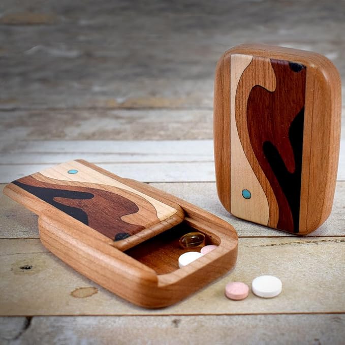 Modern Artisans American Made Pocket-Sized Pill Box (Thin Size) - Cherry Wood with Inlaid Wave Design