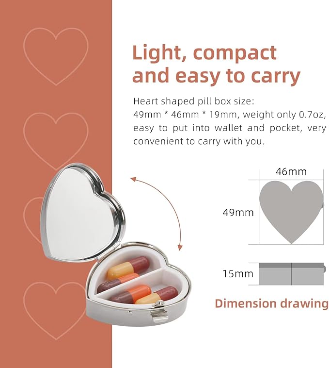 Heart-Shaped Mini Drug Storage Box (2 Pack), Elegant and Stylish Everyday Portable Pill Case (Silver & Rose Gold)