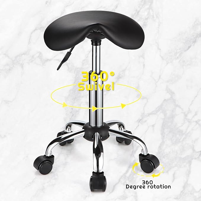 Saddle Rolling Stool with Wheels PU Leather Height Adjustable Swivel Stool Chair Black