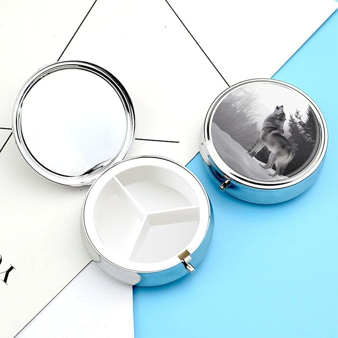 Howling Wolf Pill Box Travel Pill Case for Purse Pocket Weekly Medicine Organizer with Mirror 3 Compartment Round Medicine Case Portable PillcaseHolder for Daily