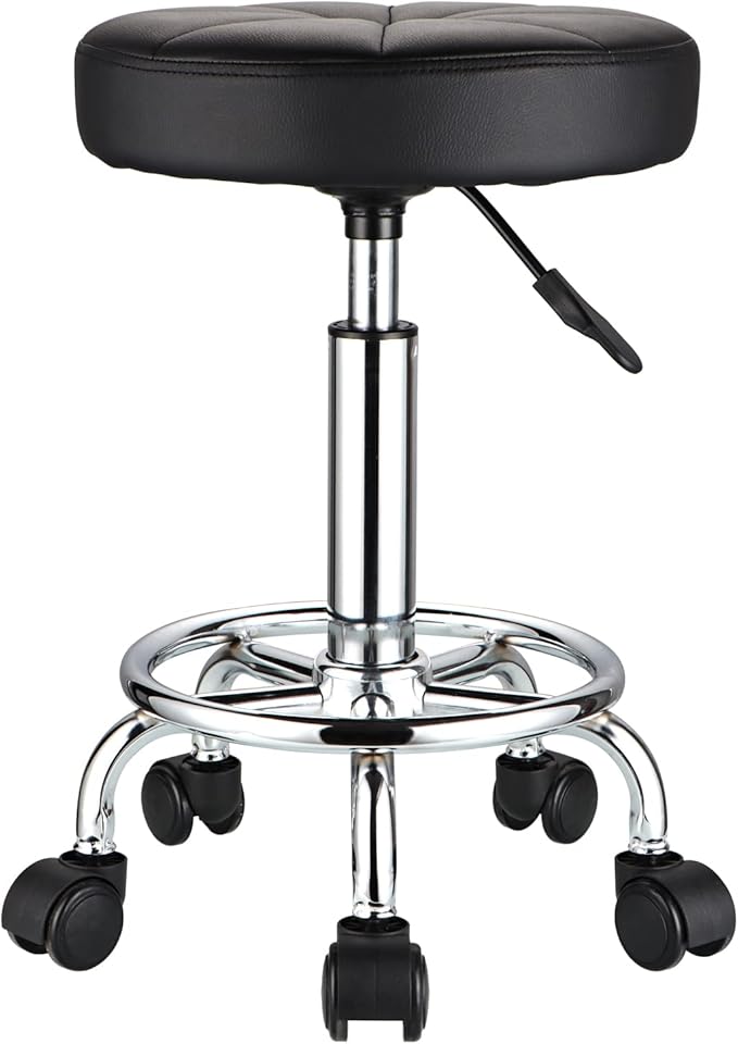 Round Rolling Stool with Wheels Height Adjustable Swivel Stool Chair for Spa Salon Massage Black