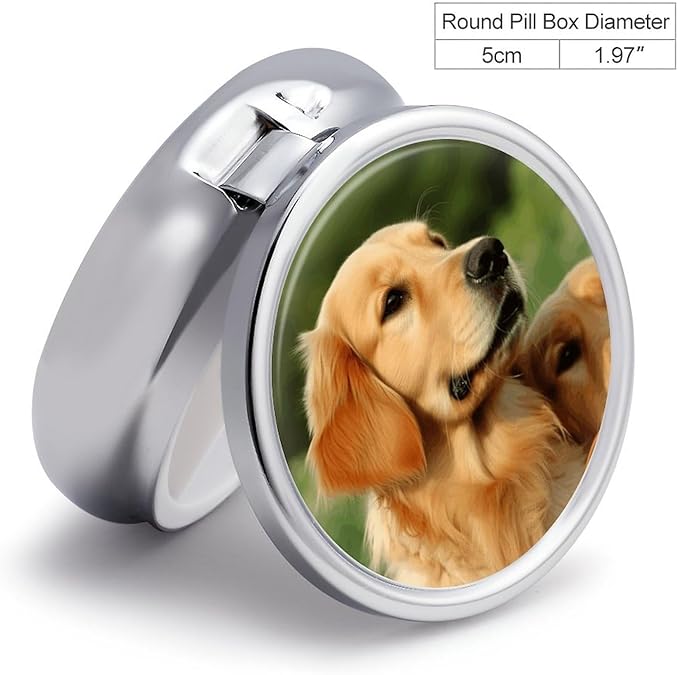 Dog Golden Retriever Travel Pill Box Case 3 Compartment Cute Pill Organizer Metal Pill Holder with Mirror Small Medicine Organizer Daily Pill Container for Purse Pocket Portable Meds Box