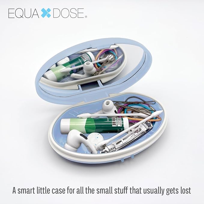 EQUADOSE Oval Compact Pill Case, Portable Organizer with Mirror, Travel Medication Holder with Removable Divider, Small Storage Case for Pills, Vitamins, Earbuds, Jewelry & Daily Essentials, Blue