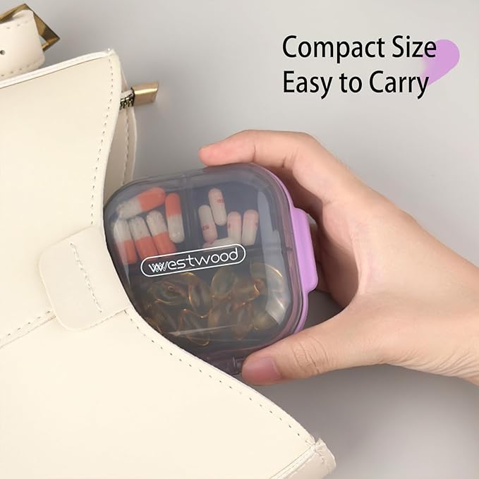 Travel Pill Organizer, 8 Compartments Portable Pill Case, Daily Pill Box to Hold Vitamins, Small Pill Container for Pocket Purse Medicine Organizer (White)