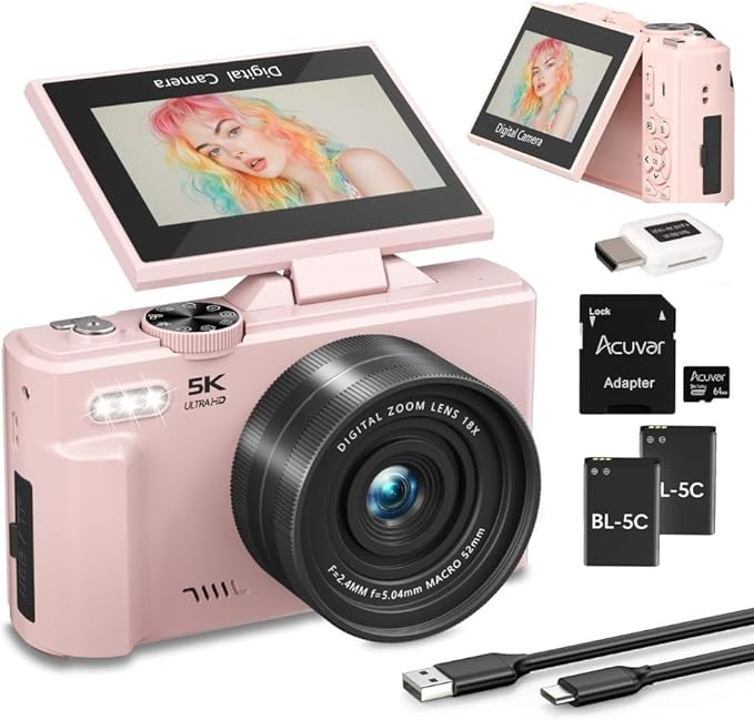 4K/5K Digital Camera – 75MP UHD Vlogging Camera for Photography & Video, WiFi, Autofocus, 3" Flip Screen, 18X Zoom – Compact Starter Kit (Pink)