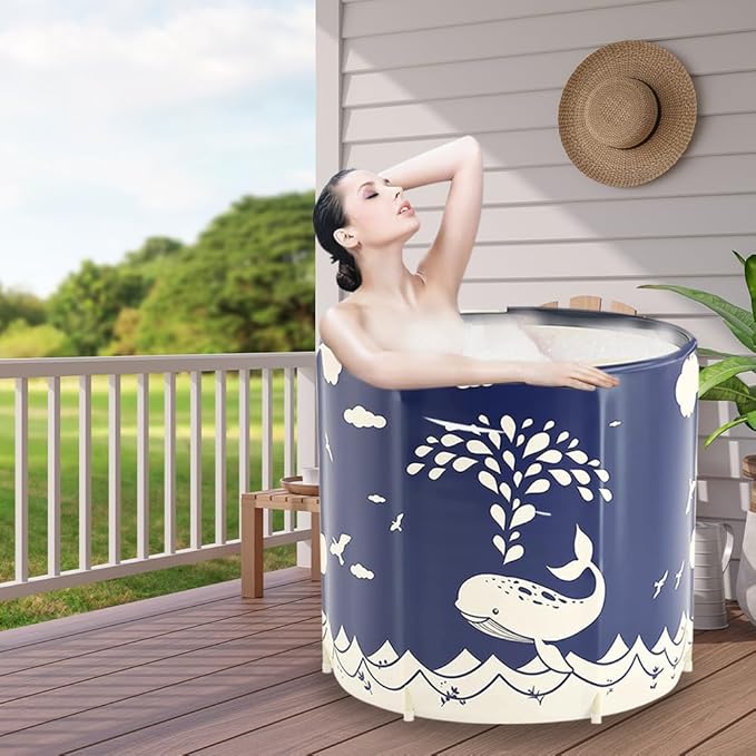 STARBRILLIANT Portable Foldable Bathtub, Collapsible Adult Travel Bath Tub for Camping, Home & Spa, Space-Saving Storage, Durable PVC Material (Whale, 27inch)
