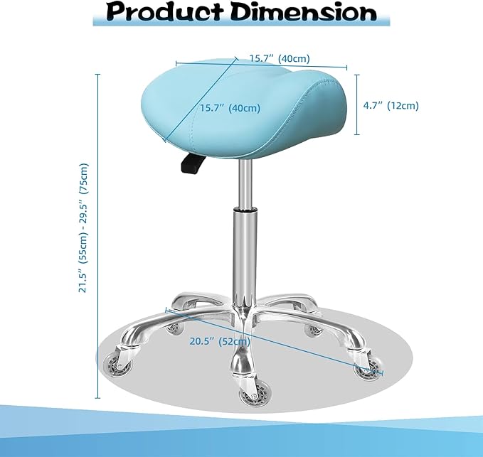 Saddle Stool Rolling Ergonomic Swivel Chair for Esthetician Massage Clinic Kitchen Tattoo Salon Cutting,Adjustable Hydraulic Posture Stool with Wheels (Without Backrest, Cyan)