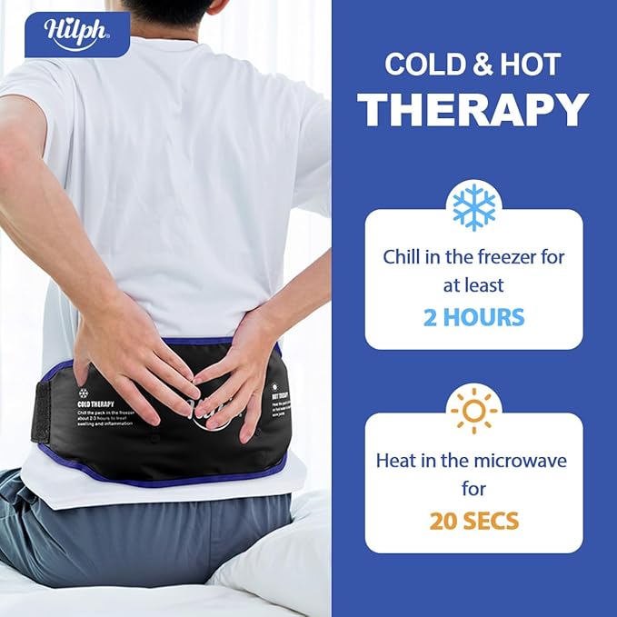 Hilph Low Back Ice Pack Wrap for Men Women, Reusable Gel Back Ice Belt with Hot Cold Therapy for Lumbar Pain, Abdominal Pain, Lumbar Surgery, Sciatic Nerve, Coccyx, Tailbone Pain (Black)