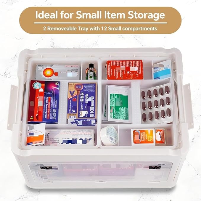 30qt Medicine Organizer Storage Box with 4-Side Opening Doors, 2 Tier Foldable Medication Organizer Empty, White Medicine Container Case Stackable First Aid Box for Home Medical Supply Storage