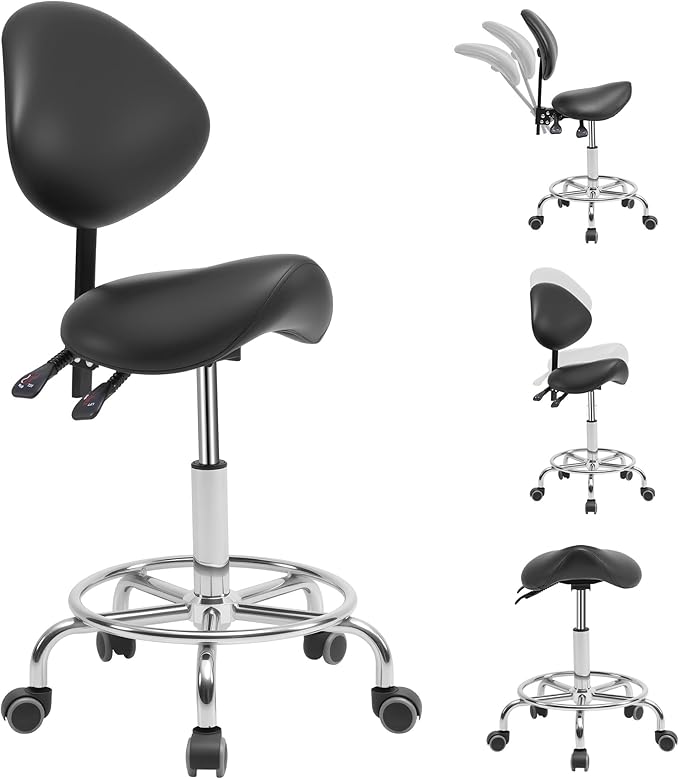 Saddle Stool Chair with Back Support, Multi-Functional Ergonomic Saddle Chair with Wheels for Salon Spa Dentist Clinic Esthetician Saddle Stools for Hair Stylist Tattoo(with Backrest, Black)