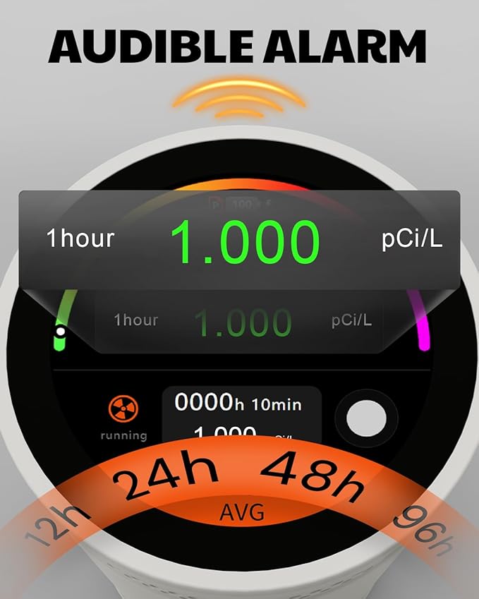 HOUND-3699 Radon Detector with High-Sensitivity Sensor, 10-Minute Measurement Updates, Audible & Visual Alarms, Touchscreen Color Display, Long-Term Radon Monitoring for Home - White
