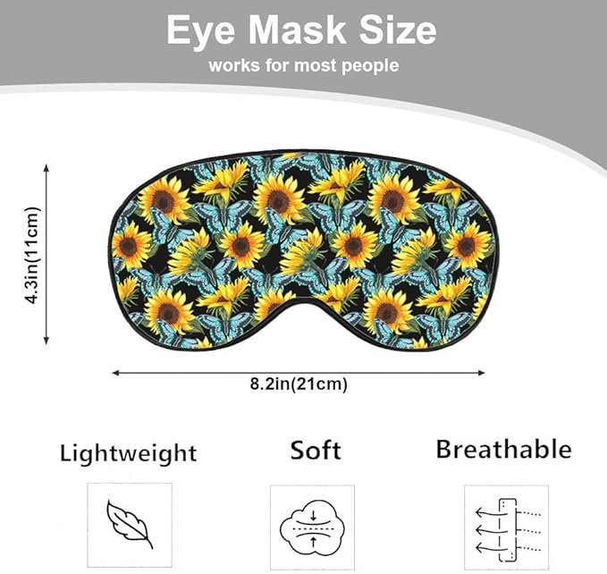 Silk Sunflower Butterfly Sleep Eye Mask, Blue, Adjustable Buckle, Soft Eye Shade Cover for Men Women Kids Travel