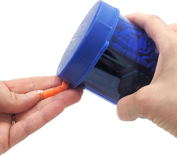 Monster Jr Supplement Pill Dispenser with Labels - Holds Small Medium Medication Vitamins and Easily Dispense from One Container Includes Compartment Labels (Monster Jr Blue UV - 1 Pack)