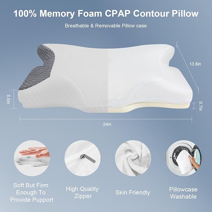 Cervical Neck CPAP Pillow for Side, Back Sleepers to Neck Pain Relief - Reduce Air Leaks & Mask Pressure for Better Sleep- Include CPAP Hose Holder - Avoid Hose Tangles & Keep The Hose Off The Floor