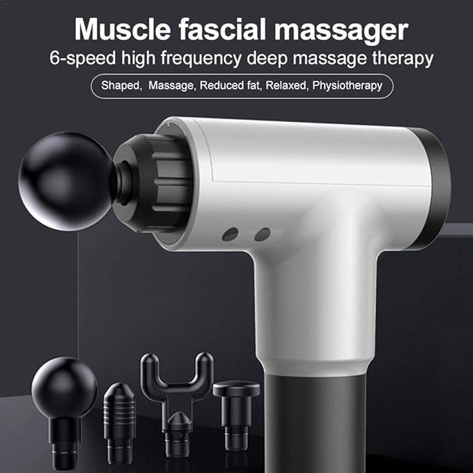 Hand held Electric Quiet Muscle Massage Gun deep Relaxation Massage Body Four Kinds of Massage Head Cordless Percussion Massager Relieve Muscle Pain and Tension (Grey)