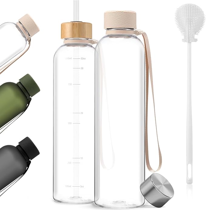 1 Pcs Slim Water Bottle 32oz, 1L Motivational Tracking Reminder Water Bottle-lightweight & Shatterproof and Stainless Steel Lid & Bamboo Straw Lid, for Travel Sports School Gym(Clear)