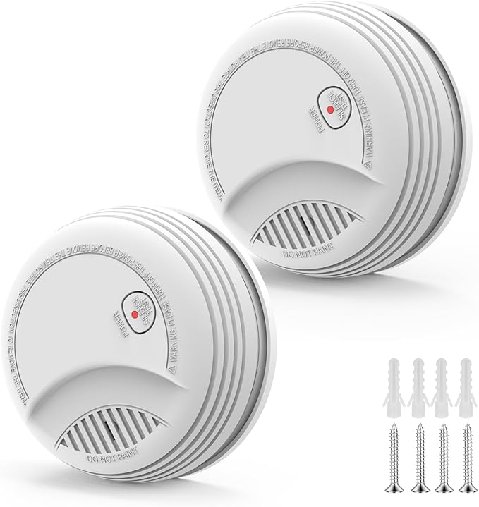 2 Pack Smoke Detector, Photoelectric Sensor Battery-powered Fire Smoke Alarm, LED warning light 85 dB alarm sound, low battery warning, mute and test buttons, suitable for living rooms, bedrooms, etc.
