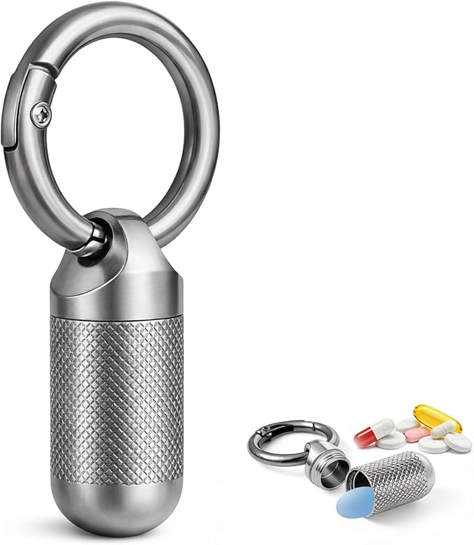 Forwish Titanium Keychain Pill Holder, Portable Waterproof Pill Case for Travel, EDC Small Metal Pill Organizer for Pills, Durable Mini Pill Box with Keyring - Small (1.5inch)