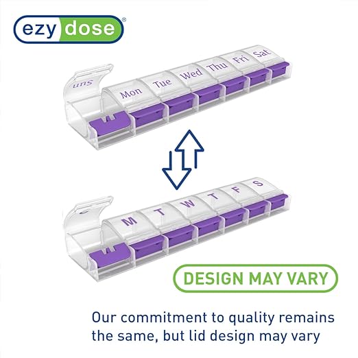 EZY DOSE Weekly (7-Day) AM/PM Daily Pill Organizer, Vitamin Case, and Medicine Container, X-Large Compartments, Arthritis Friendly, Convenient with Effortless Portability, Clear/Purple Lids, BPA Free