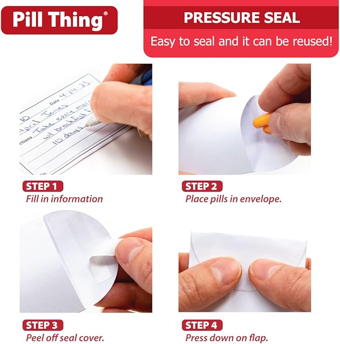 Peel and Seal Printed Pill Envelopes, 3.5" x 2.5", Easy-to-Fill Design, Secure Resealable Closure, Fits Various Medication Sizes (White/Yellow, 200 Pack)