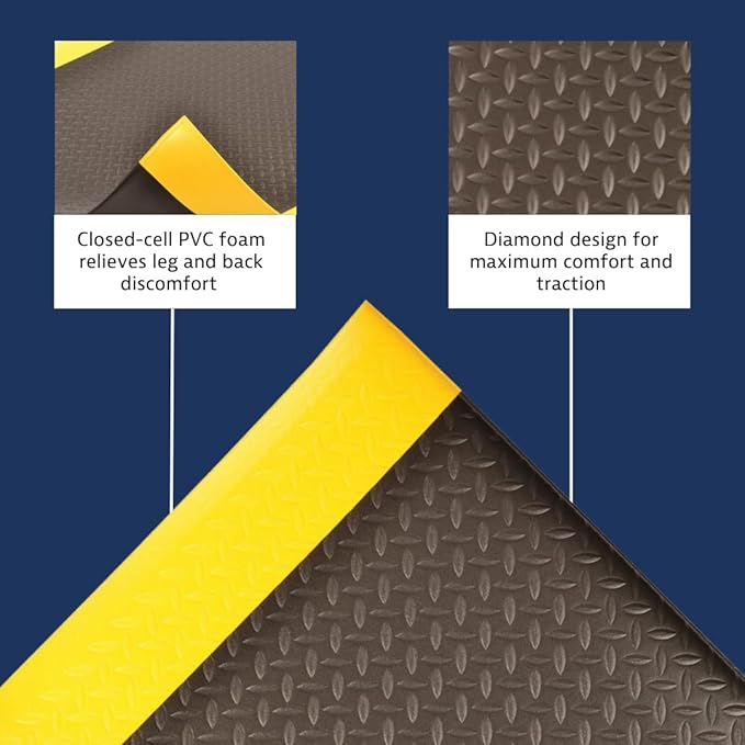 Notrax 419 Diamond Sof-Tred™ with Dyna-Shield® 4' x 60' x 1/2" Anti Fatigue Mat, Slip Resistant Diamond Textured Surface, Ideal for Industrial and Commercial Workplaces, Black/Yellow, 419R0048BY