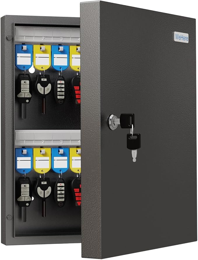 32-Keys Key Lock Box, Wall Mount Key Cabinet with Magnetic Door and Tags, Security Key Holder Lockbox for Home, Garage, Car Key Storage for School, Small Office, Valets, Hotels