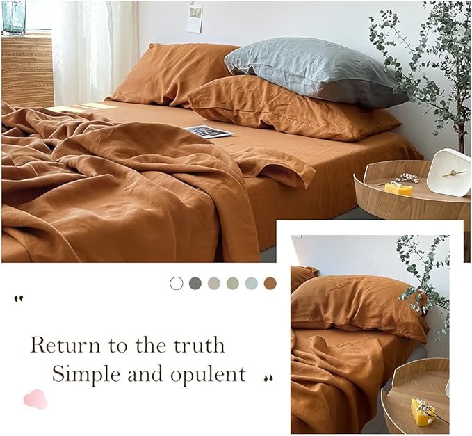 Simple&Opulence Washed Linen Bed Sheet Set Basic Style 4 Pieces (1 Flat Sheet & 1 Fitted Sheet & 2 Pillowcases) 100% Natural French Flax Soft Breathable Farmhouse Bedding (Queen, Rust)