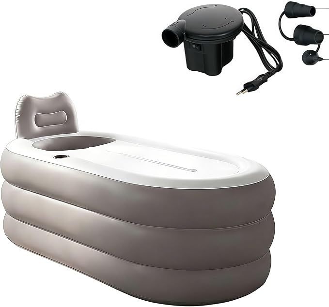 B&Y Portable Adult Soaking Bathtub, Ice Bath Tub Family Home Spa Tub with Zipper Cover, Designed with Headrest, Cup Holder (Air Pump Included) (Oval-145x80x45cm (without Machine))