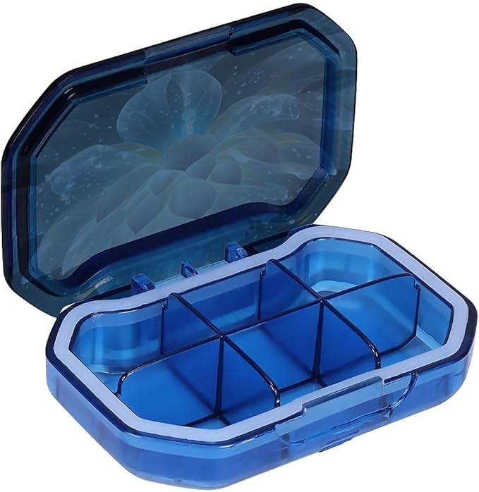This Portable Crystal Lotus Flower Pattern 6 Compartment Pill Box Can Be Placed in A Pocket Or Wallet to Store Vitamins, Medicines Health Supplements Other Medications.