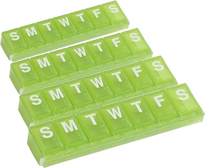 EZY DOSE Weekly (7-Day) Pill Planner, Medicine Case, Vitamin Organizer Box, Large Locking Compartments to Secure Prescription Medication and Prevent Accidental Spilling, Green (Pack of 4)