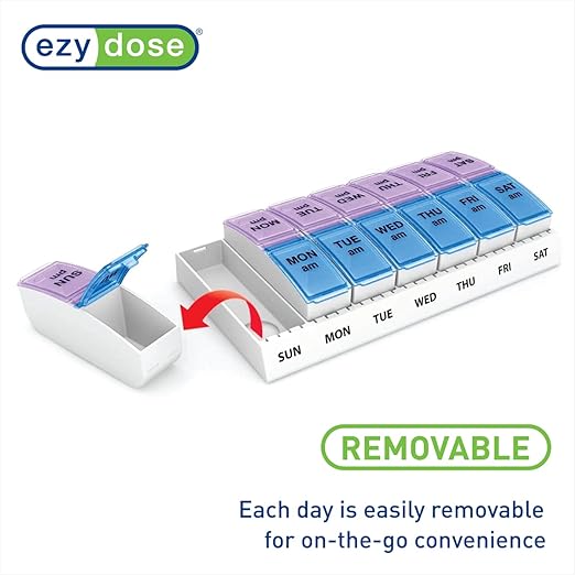 EZY DOSE Weekly AM/PM Pill Organizer, 7-Day Vitamin Container and Daily Medication Box with Large Pop-Out Compartments, 2 Times a Day Pill Holder, Blue and Purple Lids, Travel-Friendly Design