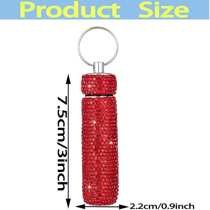 Bling Rhinestone Pill Case Portable Waterproof Pocket Pill Holder Bottle Storage with Keychain for Travel, Outdoor, Camping (red)