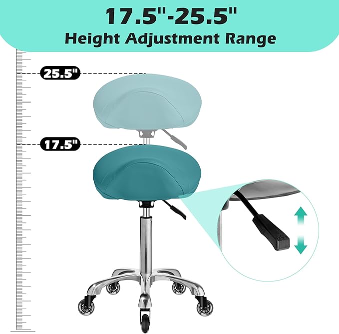 Saddle Stool with wheels Ergonomic - Heavy Duty 400lbs, Upgraded Thick Saddle Cushion, Healthy Posture Correction, Swivel Adjustable Rolling Saddle Stool, Saddle Chair for Salon Massage Home (Green)