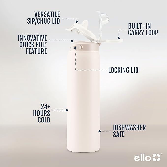Ello Pop & Fill Insulated Stainless Steel Water Bottle with Quick Fill Lid, Leakproof Locking, Sip or Chug Spout, BPA-Free, Double Wall Vacuum Insulated for Sports, Travel & School- 22oz / 32oz / 40oz