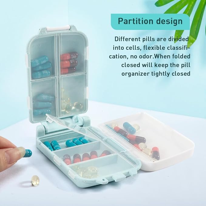 4Pcs Pill Organizer,8 Compartments Portable Pill Box,Travel Pill Box,Three Folding Design Daily Pill Organizer for Pocket Purse Medicine Vitamin Holder Container(Pink,blue)