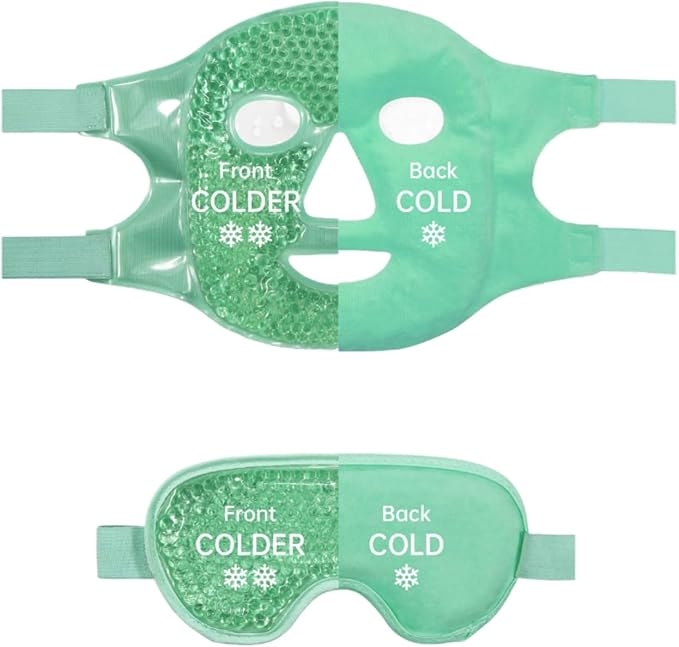 Cooling Green Ice Face & Eye Mask Combo Pack – Reusable Hot & Cold Gel Pack with Soft Plush Backing for Puffiness, Dark Circles, Sinus Pressure & Relaxation