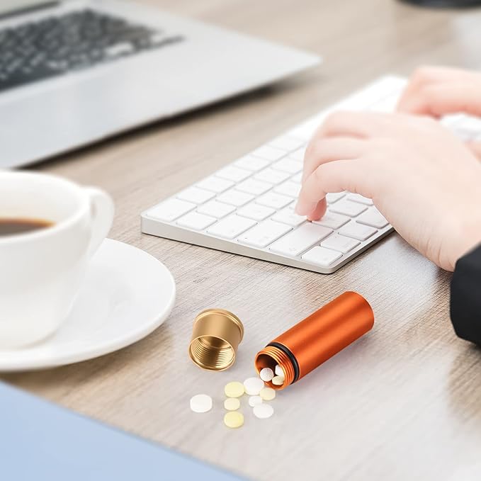 Tactical Mini Pill Case, Durable Metal Small Pill Holder for Pocket or Purse, Waterproof Medicine Bottle for Travel, EDC, Outdoors - Orange