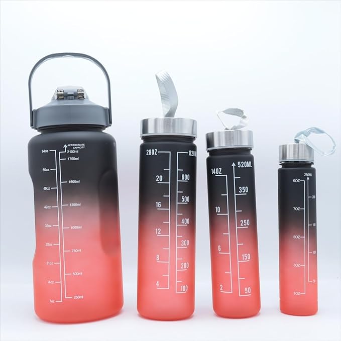 4pcs Water Bottle Set,64oz+28oz+14oz+9oz Large Capacity Sports Fitness Water Bottle,Leak Proof,Straw Inspirational Water Bottle,For Family Camping Outdoor(4pcs Black red)
