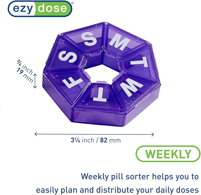 EZY DOSE Weekly Pill Organizer, Medicine Box, and Vitamin Planner, Travel Pill Planner, Portable Storage, 7-Sided, Purple, BPA Free