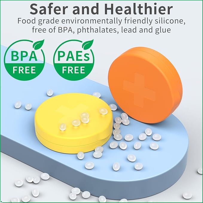 2 Pack Small Pill Box,Premium Thick Silicone 3 Compartment Travel Pill Box for Home/Desk Organizer, Portable Compact Medicine Holder for Vitamin, Cod Liver Oil, Supplement(Orange+Yellow)