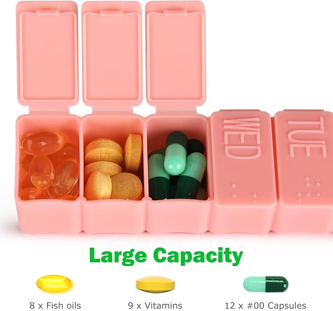 2Pack Weekly Pill Organizer,7 Days Pill Cases Travel Daily Pill Box Medicine Organizer Pill Box 7 Day Pill Organizer Weekly for Fish Oil, Calcium Tablets Supplements and Other Vitamin Pill (Pink+Blue)